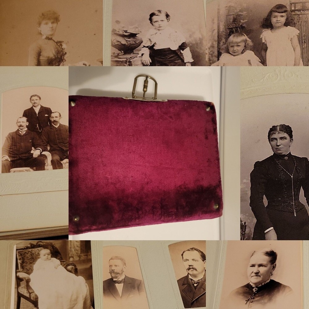 Antique Album & 58 Family Child Photos Photographs Tin Type Red Velvet  1800s